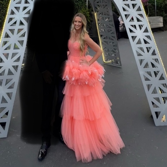 Mac Duggal Peach Strapless Tiered Tulle Gown - Picture 5 of 5